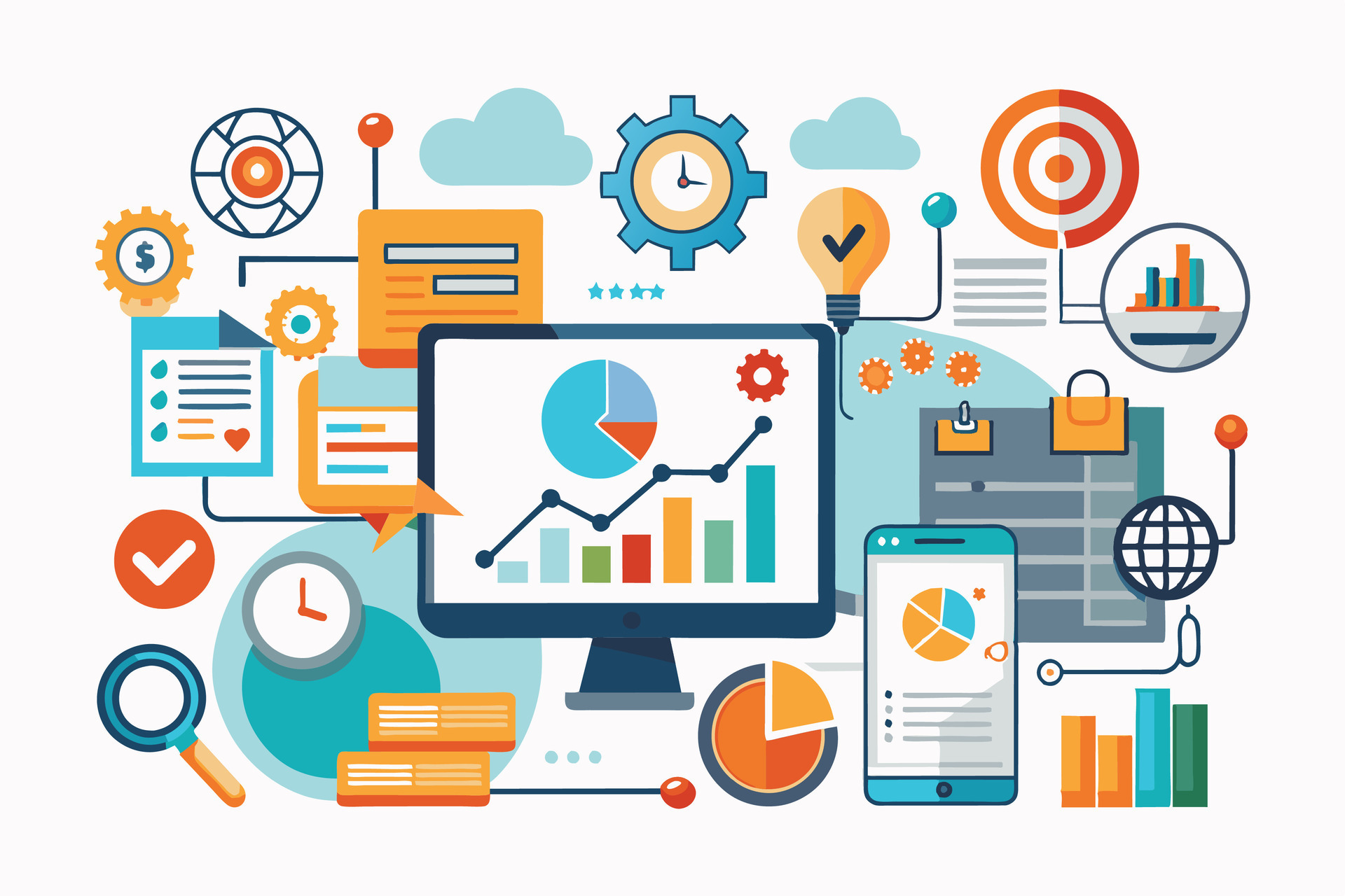 an-illustration-shows-a-digital-marketing-analytics-dashboard-with-charts-graphs-and-icons-representing-data-analysis-performance-tracking-and-online-marketing-free-vector